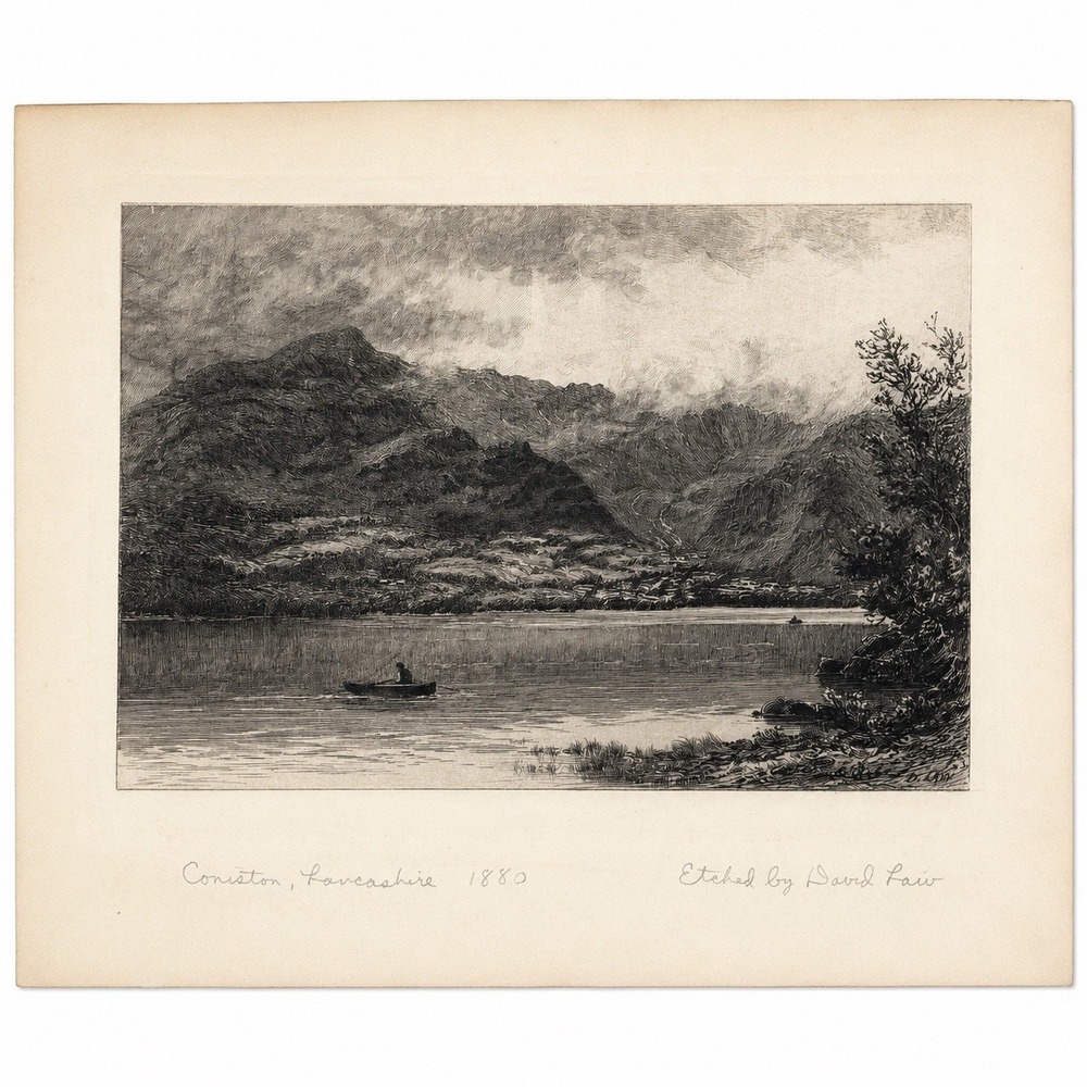 1880 Coniston‎ Lancashire Etching David Law Signed Landscape Art Print